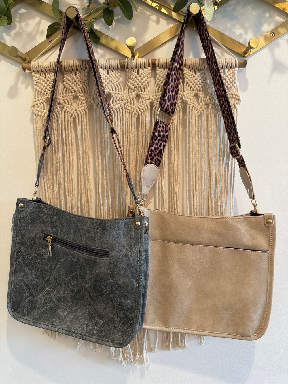 Women’s Crossbody Bag with Leopard Strap - Taupe and Charcoal